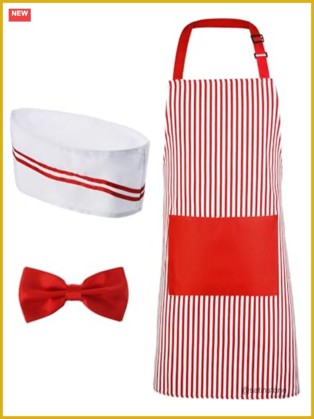 3 Pc Adult Waiter Costume Set Chef Hat Apron Bow Tie 1950s Retro